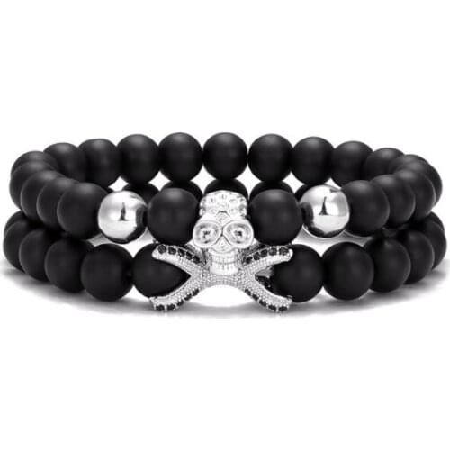 2pcs/lot 8mm skull ball crown gold silver copper cz zircon cubic zirconia beads bohemian Bracelet Stone Bangles 4eg3