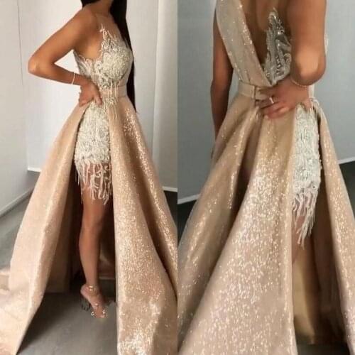 2019 Shinning Sexy Sequins Prom Dresses With Sheer Neck Appliques Beads Crystals Celebrity Evening Cocktail Dress With Sash