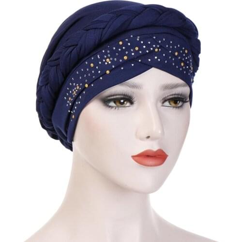 2020 Muslim stretch braid Turban cap Islamic Underscarf Bonnet female head wraps diamonds inner hijabs African india hat