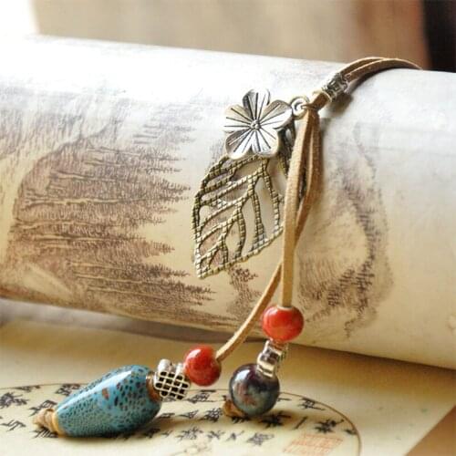 30 piece/lot Ceramic Beads Necklaces Women Leather Choker Flower Leaf Charm Hollow Leaves Pendants Long Tassel Chain Jewelry