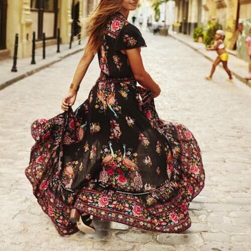 80% Hot Sales!!Bohemian Summer Beach Lady Flower Print V Neck Short Sleeve Irregular Maxi Dress