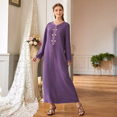 BA015 Dubai Robe Party Maxi Dresses Purple Vintage Abaya Long Sleeves Fashion Women Selvedge Muslim Diamonds Turkey Cloth Spring
