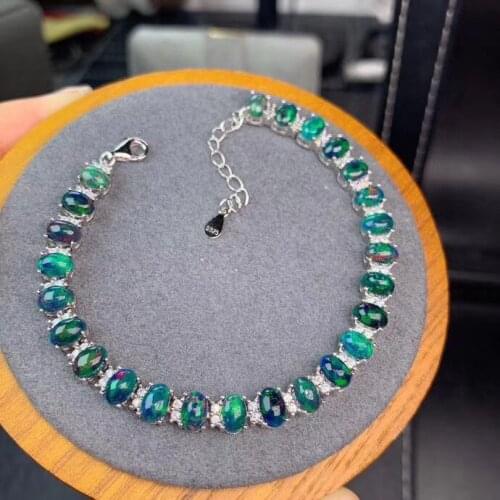 New Arrival 100% Real and Natural Black Opal Bracelet Free shipping 925 sterling silver Fine jewelry