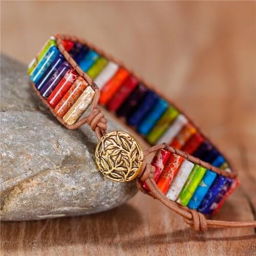 Chakra Bracelet Jewelry Handmade Multi Color Natural Stone Tube Beads Leather Wrap Bracelet Couples Bracelets Gifts Dropshiping