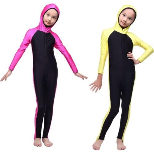 Kids One-piece Muslim Swim Suits Children Girls Full Cover Swimwear Patchwork Bathing Suits With Zipper Hijab Beach Wear XX-408