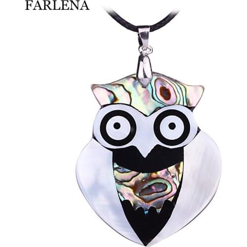 FARLENA Jewelry Fashion Owl Necklace Pendant for Women Men with Wax Rope Hand-stitched Natural Shell Necklace Unisex