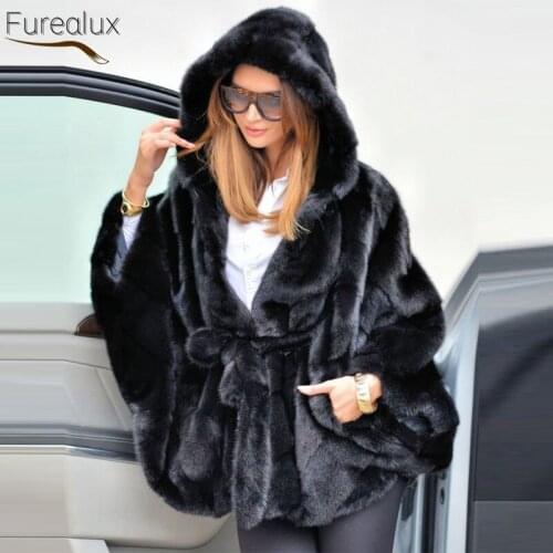 FUREALUX 2021 Real Mink Fur Coat Genuine Fur Elegant Retro Womens Pure Color Cloak Winter Handmade Fashion Warm Clothes