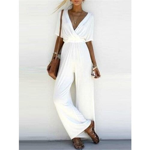 2019 Summer Casual Jumpsuit Women V Neck Loose Playsuit Ladies Short Sleeve Romper Jumpsuit solid Black White Pink