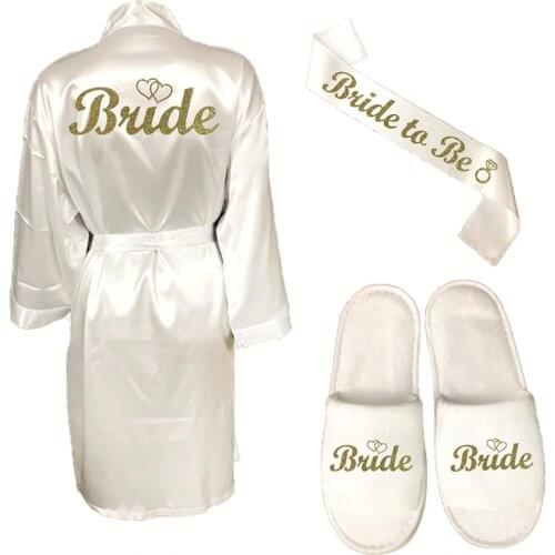 Custom 3pc set of glitter gold bride satin short bride robe slippers bridal sash peignoir women Bridal Party 2019 kimono robe