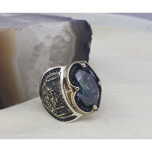 Ayosofya Mosque Motif Mystic Topaz Sterling Silver Men 'S Ring