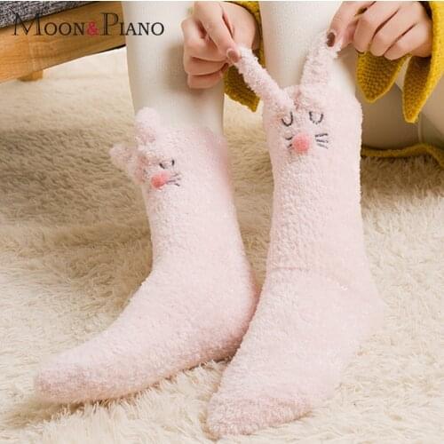 Soft Plush Coral Fleece Socks Female Kawaii Pink White Rabbit Cartoon Pattern Keep Warm Sleeping Floor Home Ladies Sock