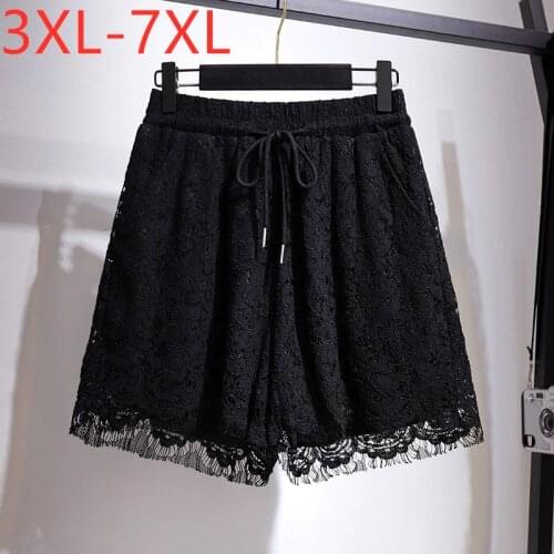 New 2021 Ladies Summer Plus Size Shorts For Women Large Loose Black Wide Leg Pocket Belt Lace Shorts 3XL 4XL 5XL 6XL 7XL