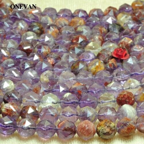 ONEVAN Natural Purple Crystal Phantom Ghost Diamond Cutting Faceted Beads Stone DIY Bracelet Necklace Jewelry Making Design