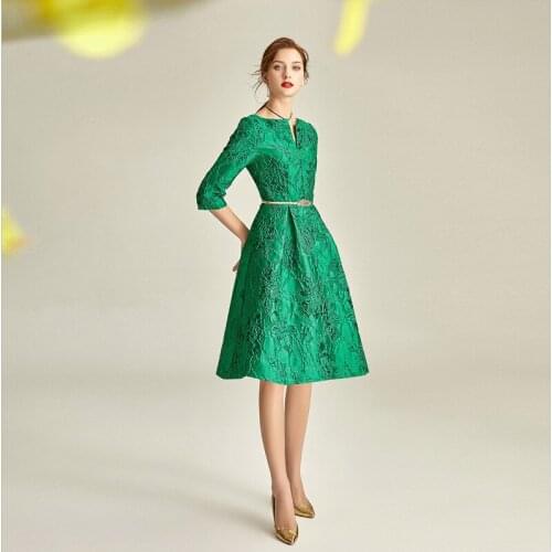 Fall Spring Women High Waisted 3/4 Sleeve Dobby Floral Green Dress , Summer Woman Clothes High Waisted Elegant Dresses
