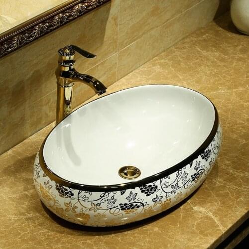 Oval shape Art wash basin Ceramic Counter Top Wash Basin Bathroom Sinks ceramic wash basin gold