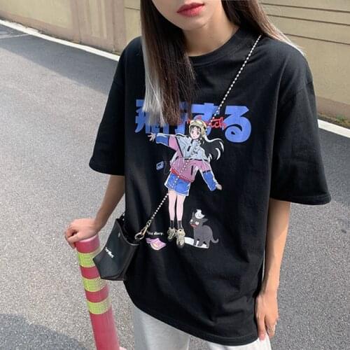 Japanese Cartoon Harajuku Flying Girl Cartoon Print Casual Loose Mujer Vintage Sweet Kawaii Tops Chic Punk Ulzzang Women T-Shirt