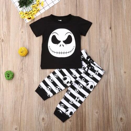 Pudcoco Newborn Baby Boy Clothes Skull Print T-Shirt Tops Striped Skull Print Long Pants 2Pcs Outfits Cotton Clothes