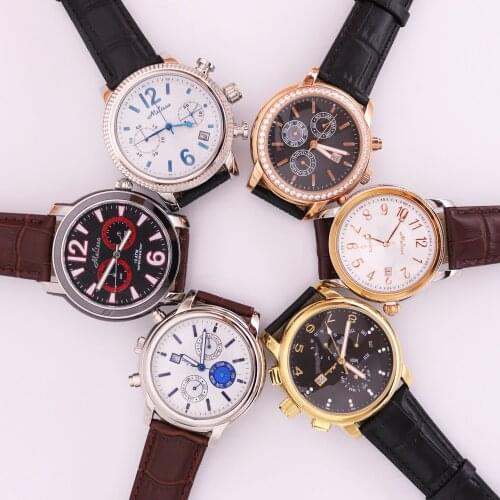 SALE!!! Discount Real Multi-function Mens Watch All Stainless Steel Case Auto Date Week Cubic Zircon Crystal Leather Boys Gift