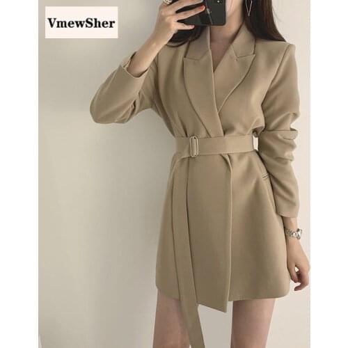 VmewSher New Autumn Spring Women Casual Suit Blazer with Belt Stylish Office Lady Elegant Shawl Collar Slim Jacket Coat Outwear