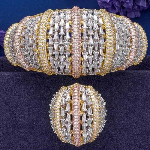 Zlxgirl jewelry Europe big brand annivery jewelry sets womens big pave cubic zorcon bangle with ring sets best bridal jewelrys