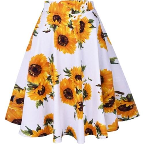 White Sunflower Cotton Casual Midi Skirt Plus Size 50s High Waist Retro Vintage Womens Swing Pinup Skirts Beach Boho Sundress