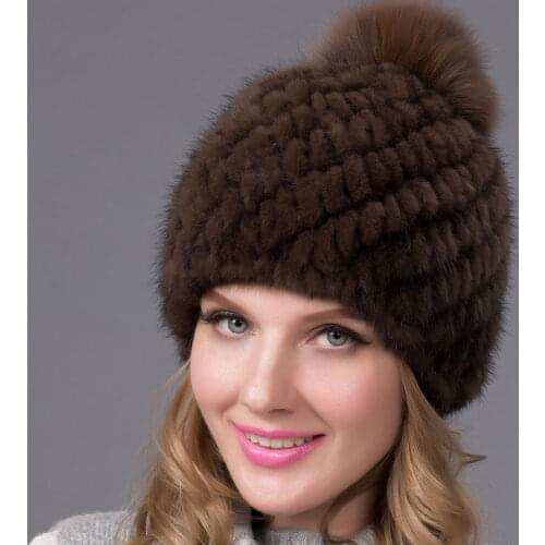 Hot Mink Leather Womens Fur Hat Autumn and Winter Knitted Blisters Fur Hat With Fox Plush Pom Poms Brand New Thick Hat BZ-04