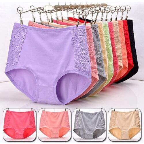 Women Cotton Panties High Waist Lace Underwear Briefs Female Seamless Breathable Comfortable Solid Color Panties Underpants
