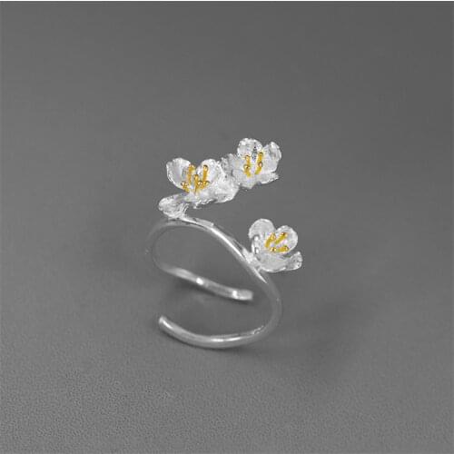 INATURE New Korean 925 Sterling Silver Cherry Blossom Flower Rings For Women Opening Ring Jewelry