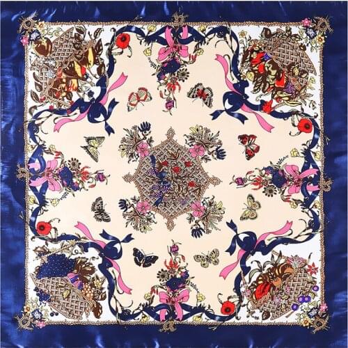 POBING Luxury Floral Butterfly Print Hijab Women Satin Silk Scarf Shawl Foulard Femme Square Tie Band Head Scarves Wraps 90*90CM