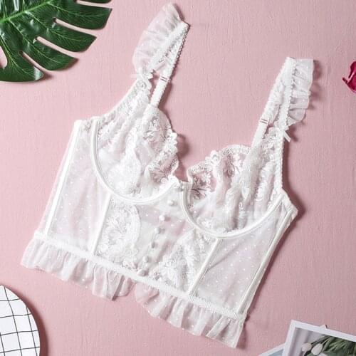 Sweet Female Bra Lace Top Floral Secret Corselets Sexy Buttons Cropped Top Vest Summer Thin Corset Women Wedding White Bralette