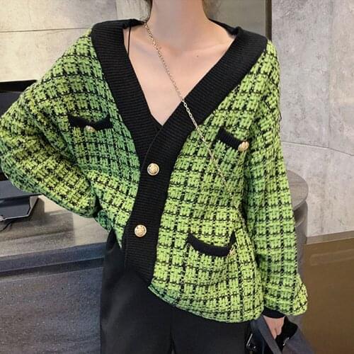 2021 New Autumn Winter Fashion Designer Sweater Cardigan Female V-Neck Luxury Single-Breasted Plaid Knitting Womens Clothes
