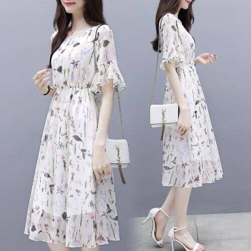 Womens Print Party Dress 2021 Summer New Chiffon Fairy A-line Medium Length Floral Skirt Casual Fashion Dresses Female Clothing
