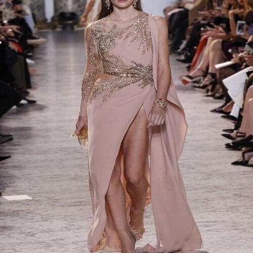 Skin Pink Luxurious Beaded African Evening Dresses Sheath High Split Lace Prom Dresses Satin Formal Party Pageant Gow