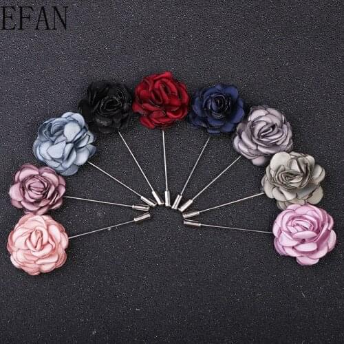 Camellia Flower Brooches Handmade Fabric Lapel Pins Copper Long Needle Pins Fashion Suit Accessory Lapel Pin for Men