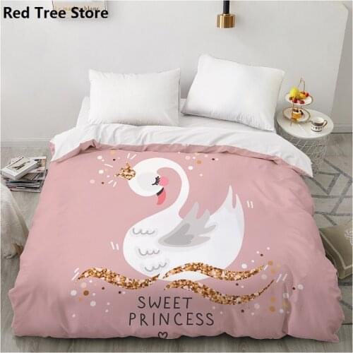 Pink Swan Cartoon Print Childrens Duvet Cover Quilt Comfortable Pillowcase Bedding Set for Kids Baby Boy Girls 140x210cm Size