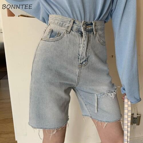 Denim Shorts Women Students Hole Streetwear Chic Korean Style Thin Fashion Simple Stylish Solid Leisure Harajuku Hip Hop Femme