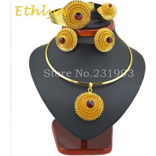 Ethlyn top brand romantical Gold Color Ethiopian color stone sets for African /Ethiopian /Eritrean women jewelry sets