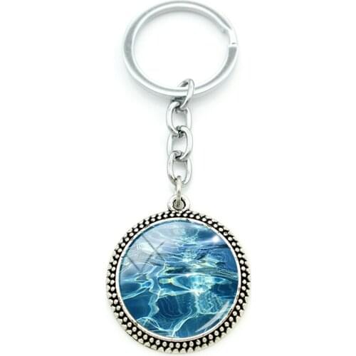 TAFREE Creative Water Wave Texture Pattern Glass Pendant Round Jewelry Glass Gem Cabochon Keychain Metal Keychain