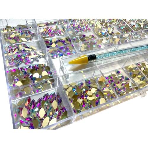 1000Pcs NAIL RHINESTONE DESIGNS DIAMOND Crystal AB - 20 Mix shapes - Nail art- Rhinestones -GLASS- flat back+1Wax Pen (1000pcs)