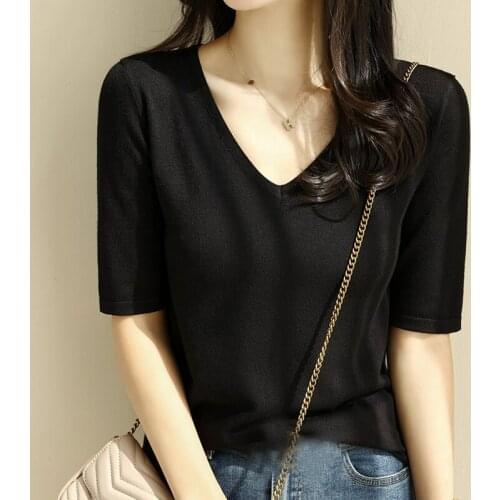 Summer Knitted Blouse Women Pullover Short Sleeve V-Neck Knit Blouse Shirt Blusas Mujer De Moda 2021 Blouses Tops Women E943