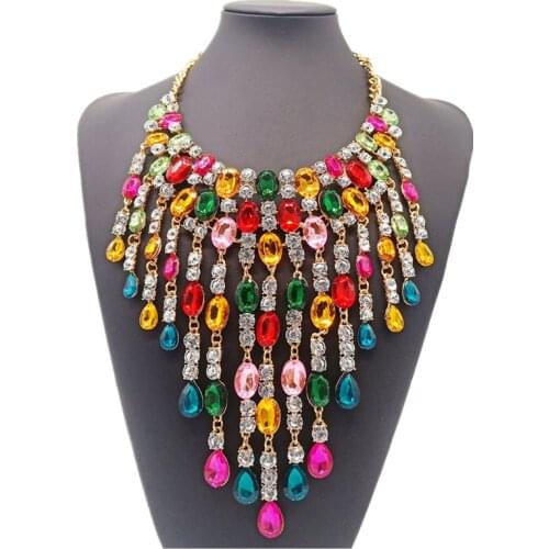 Fashion Maxi Clear Crystal Choker Necklace for Women Long Tassel Statement Necklace Pendants Chunky Collar Jewelry Wholesale