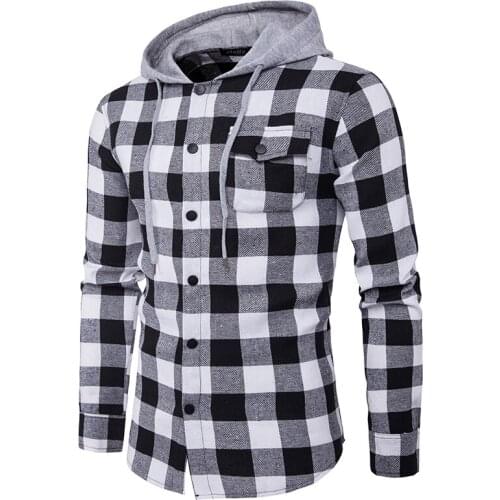 Men Fashion Pocket Decoration Korean Casual Hooded Plaid Shirt Spring and Autumn Long-sleeved Button Shirt Harajuku Shirt