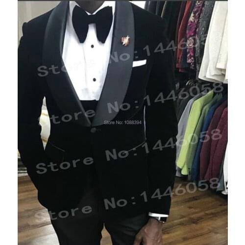2018 Brand Mens Classic 3 Pieces Set Black Velvet Suits Stylish Shawl Lapel Wedding Groom Slim Fit Tuxedo Prom Costume Homme
