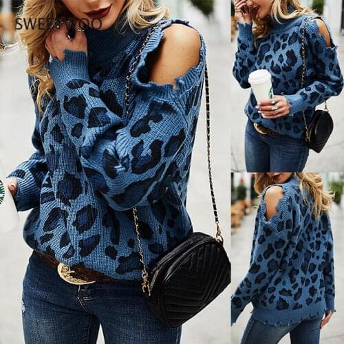 2021 Autumn and Winter New Blue Leopard Print High Neck Long Sleeve Off-The-Shoulder Casual Loose Knit Sweater Women