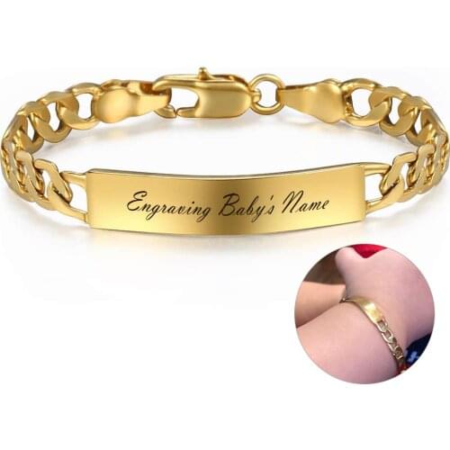 New Personalize Baby Name Bracelet Figaro Chain Smooth Bangle Link Gold Silver Color ID Engraved Bracelet For Kids Gift DGB426