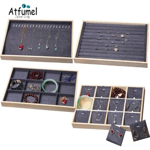 Natural Wood Jewelry Storage Tray Grey Velvet Ring Necklace Earring Display Organizer Case Store Jewelry Showcase Tray