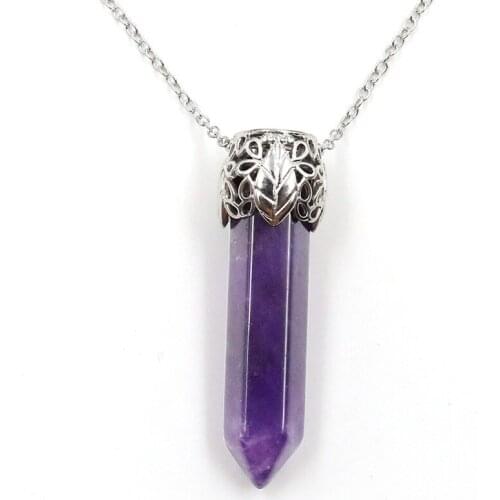 Silver Plated Leaf Hexagon Column Amethysts Stone Pendant Rose Pink Quartz Necklace Link Chain Jewelry