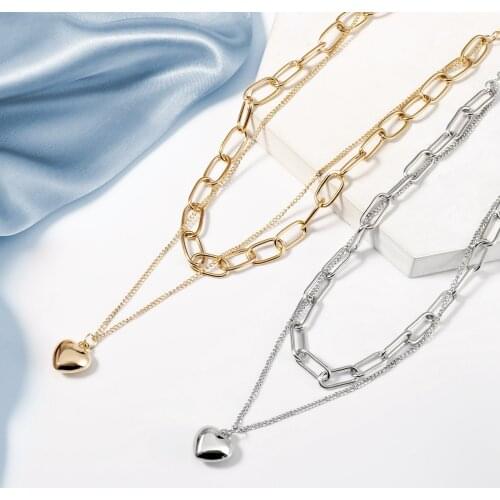 Simple Cute Geometric Multilayer Heart Pendant Beads Necklace For Women Girls Fashion Gold Silver Color Heart Necklaces Jewelry