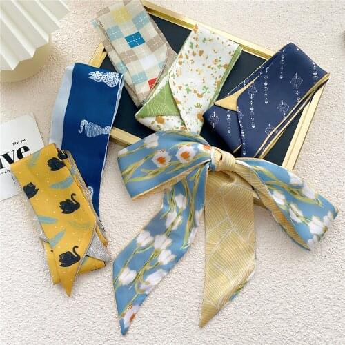 Sweet Flower Print Luxury Bag Strap Scarf Women Silk Scarf Fashion Head Scarf Headwear Long Scarves Bag Accessories Ribbon