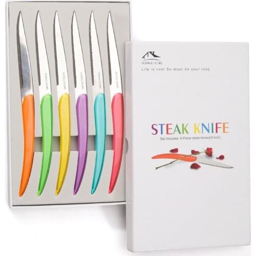 Christmas Gift 6 pcs Steak Knives Unique Design Acrylic Steak Knife Stainless steel Table Knives set Colored Flatware Restaurant